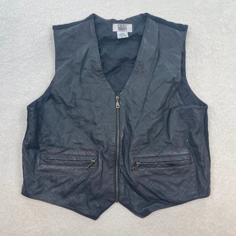 City Streets Men's Black Vintage 100% Genuine Leather Zip Up Biker Vest Large
